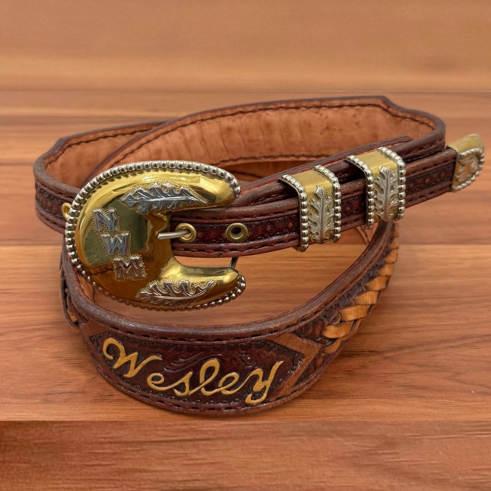 Vintage NWM Wesley Puffy Brass & Silver Buckle Acorn Western Cowboy Leather Belt